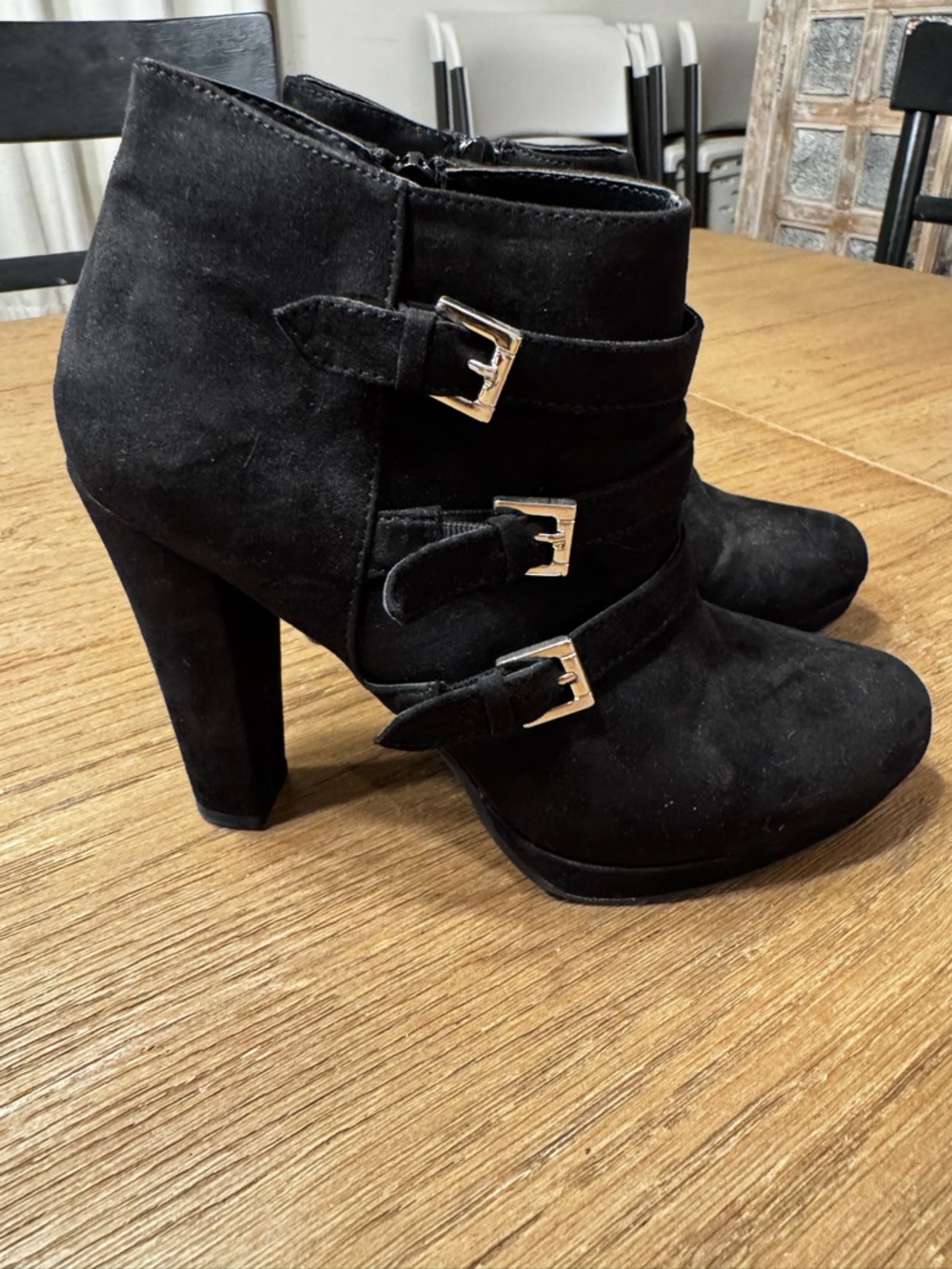 Report Black Suede Triple-Buckle Ankle Booties